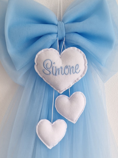 fiocco nascita TULLE azzurro personalizzato fatto a mano